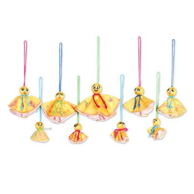 Yellow Chekutty Dolls,'9 Embroidered Viscose Doll Holiday Ornaments in Yellow'