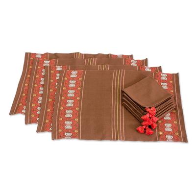 Striped Paths of Chestnut,'Cotton Table Linen Set (4) in Chestnut from Guatemala'