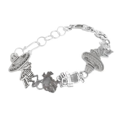 Skeletal Hat Dance,'Mexican Day of the Dead Sterling Silver Link Bracelet'
