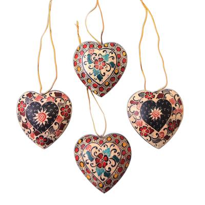 Heart Flowers,'Floral Batik Wood Heart Ornaments from Java (Set of 4)'