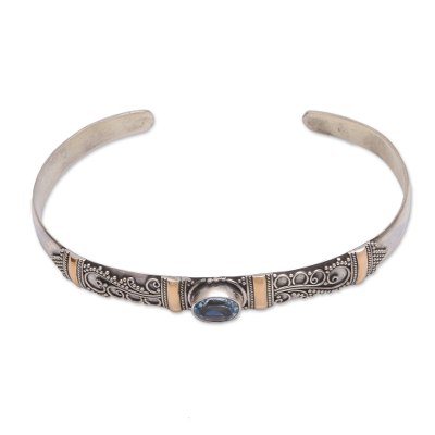Fanciful Fronds,'Blue Topaz 18K Gold Accent on Sterling Silver Cuff Bracelet'