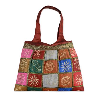Embellished tote handbag, 'Crimson in Kutch'