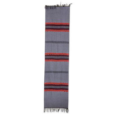 Trails of Totonicapan in Grey,'Fringed All Cotton Table Runner in Grey and Black'