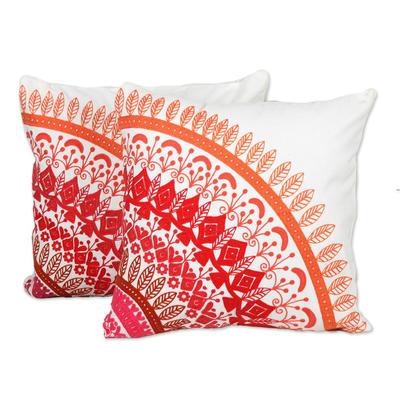 Divine Orchard in Pink,'Embroidered Cotton Cushion Covers in Pink from India (Pair)'