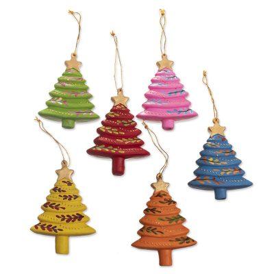 Colorful Evergreens,'Handcrafted Tree Ornaments (Set of 6)'