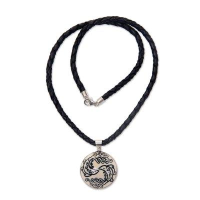 Leather and bone pendant necklace, 'Pisces'
