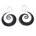 Feather Spiral,'Silver Hook Water Buffalo Horn Earrings with Feather Theme'