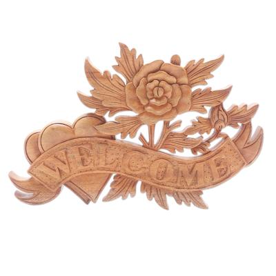 Welcoming Rose,'Hand Carved Suar Wood Welcome Sign'