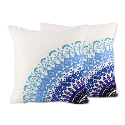 Divine Orchard in Blue,'Embroidered Cotton Cushion Covers in Blue from India (Pair)'