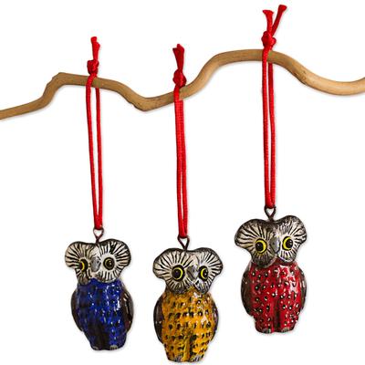 Owls of Tikal,'Handcrafted Ceramic Bird Ornaments (Set of 6 Owls)'