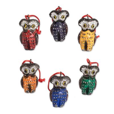 Owls of Tikal,'Handcrafted Ceramic Bird Ornaments (Set of 6 Owls)'