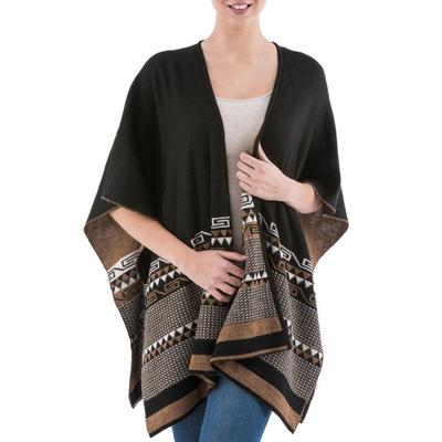 Incan Kingdom in Golden Brown,'Reversible Alpaca Blend Ruana in Black and Golden Brown'