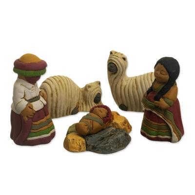Suri Nativity,'Andean Ceramic Nativity Set with Alpacas from Peru'