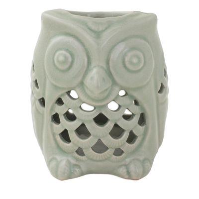 Cozy Owl in Green,'Artisan Crafted Ceramic Owl Oil Warmer from Thailand'