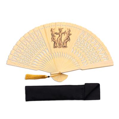 Legong Dance,'Dance-Themed Mahogany Wood Hand Fan Crafted in Bali'