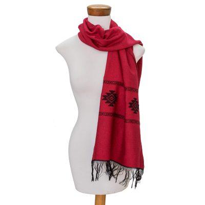 'Red Cotton Blend Scarf with Black Stepped-Fret Rhombus Motif'