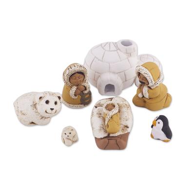 Inuit Family,'Inuit-Themed Ceramic Nativity Scene from Peru (8 Pcs)'