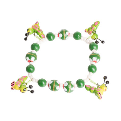 Merry Caterpillars,'Handcrafted Ceramic Beaded Stretch Bracelet in Green'