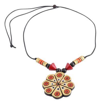 Golden Floral Abstraction,'Hand Crafted Ceramic Pendant Necklace from India'