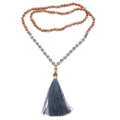 Batuan Harmony,'Gold Accented Labradorite and Wood Beaded Pendant Necklace'