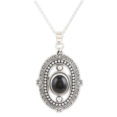 Night Enchantment,'Onyx and Sterling Silver Pendant Necklace Crafted in India'