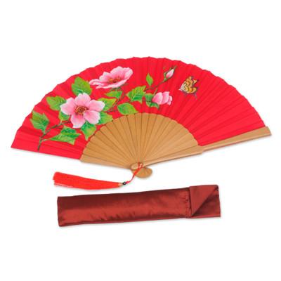 Empress Garden in Crimson,'Silk and Wood Fan with Floral Motifs on Crimson Indonesia'