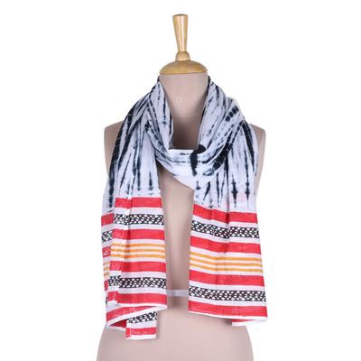 Snow White Appeal,'Cotton Scarf with Striped Batik Pattern in Colorful Tones'