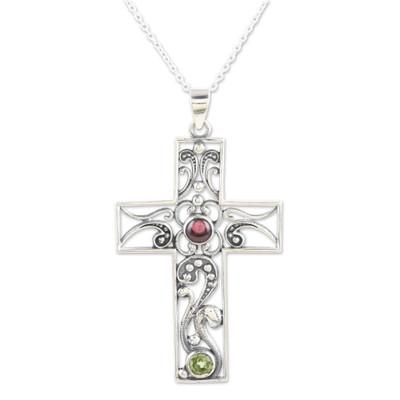 Hope Cross,'Sterling Silver Cross Pendant Necklace with Garnet & Peridot'