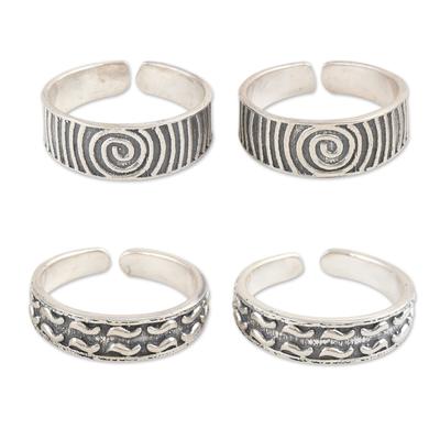 Spirals and Lines,'Sterling Silver Toe Rings in a Combination Finish (2 Pairs)'