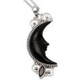 Dark Crescent Moon,'Silver and Garnet Moon Necklace with Water Buffalo Horn'