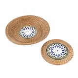 Natural Beauty,'Pine Needle and Ceramic Basket and Trivet (Pair)'