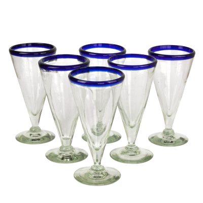 'Bohemia' (set of 6) - Artisan Crafted Recycled Handblown Blue Rim Beer Glasses