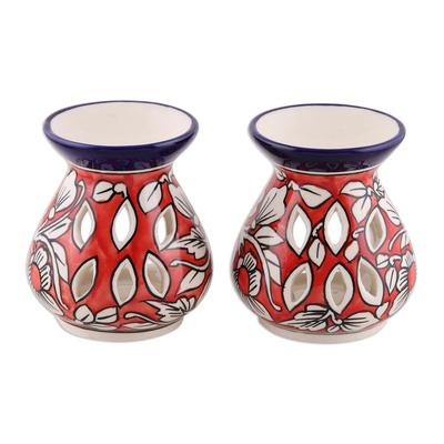 Floral Scent,'Red Floral Motif Ceramic Oil Warmers from India (Pair)'
