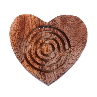 'Heart-Shaped Polished Acacia Wood Labyrinth Game from India'