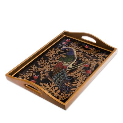 'Reverse-Painted Glass Peacock Tray in Gold (17 in.)'