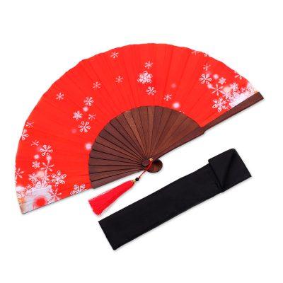 Strawberry Snow,'Snowflake Motif Silk Hand Fan in Strawberry from Bali'