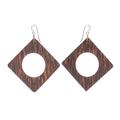 Dark Brown Natural Creativity,'Square Dark Lontar Wood Dangle Earrings from Thailand'