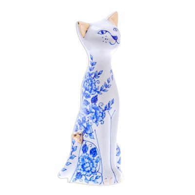 Happy Floral Cat,'Floral Benjarong Porcelain Cat Statuette (7.5 in.)'