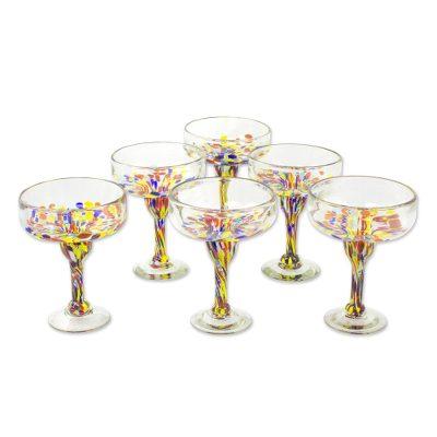 Blown glass margarita glasses, 'Confetti Festival' (set of 6)