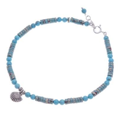 Oceanic Charm,'Reconstituted Turquoise Beaded Anklet with Silver Charm'