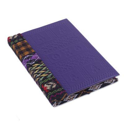 'Leather Accent Cotton Journal in Blue-Violet from India'