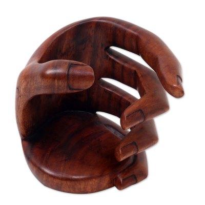 Hold Me,'Balinese Signed Hand Carved Wood Wine Bottle Holder'