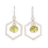 Hexagon in Green,'Crystal Beaded Green Sterling Silver Hexagon Dangle Earrings'