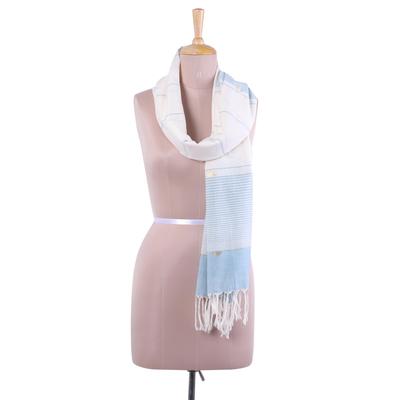 Sea Stripes,'Hand Woven Peach Cotton Scarf with Bl...