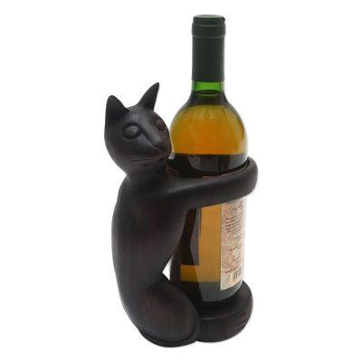 Black Cat Hug,'Hand Crafted Suar Wood Cat Wine Holder'