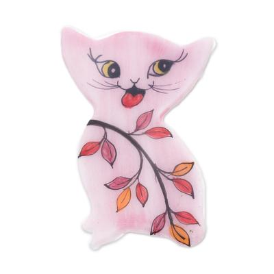 Cat in a Garden,'Hand Painted Thai Pink Kitty Cat Brooch Pin'