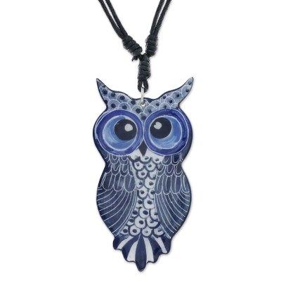 Alluring Blue Owl,'Thai Handmade Blue Ceramic Owl Adjustable Pendant Necklace'