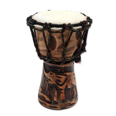 Elephant Music,'Elephant-Themed Mahogany Mini Djembe Drum from Bali'