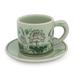 Celadon ceramic demitasse cup and saucer, 'Pink Lotus Butterflies'