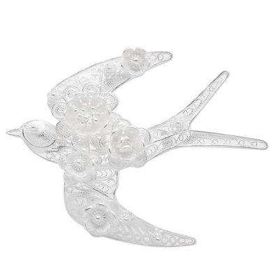 Intricate Swallow,'Sterling Silver Filigree Swallow Brooch from Java'